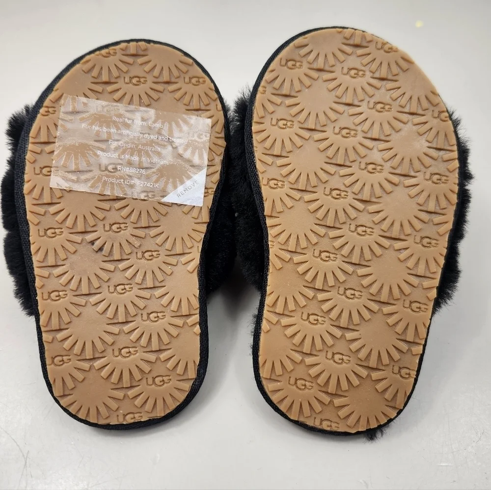 UGG Toddler Oh Yeah Fluffy Shearling Sheepskin Slingback Slipper Black 6